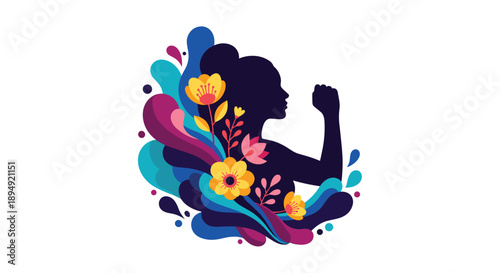 Silhouette of a Strong Woman with Raised Fist and Colorful Floral Accents on White Background for Empowerment and International Women's Day Celebration, Generative AI.