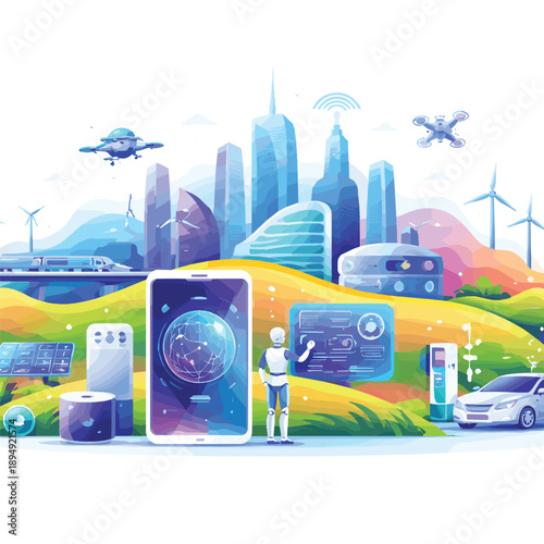 Futuristic city with technology and robotics illustration