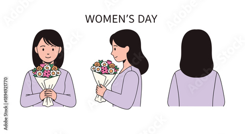 Three Views of a Woman in a Purple Shirt Holding a Flower Bouquet for Women's Day Celebration with a Clean and Minimal Flat Illustration Style on a White Background, Generative AI.