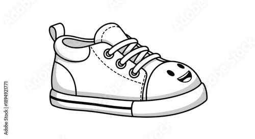 A black and white illustration of a smiling baby shoe with laces on a plain white background.
