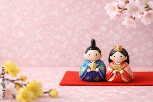 ひな祭りのかわいい雛人形 ミニチュア 春背景/Cute Hina Dolls for Japanese Doll Festival Spring Background