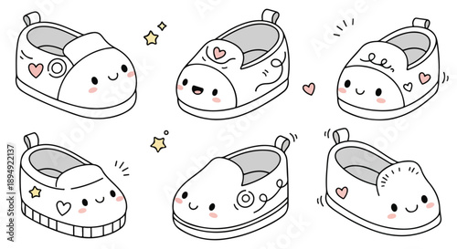 A set of six cartoon shoes with smiling faces and decorative hearts and stars on a plain white background in a cute and playful illustration style.