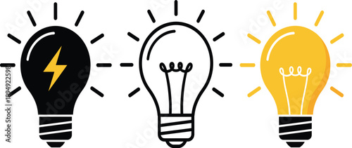 Light Bulb Icon Set Showing Creative Idea, Energy Power, and Inspiration Concepts in Filled, Outline, and Lightning Styles