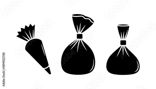 Pastry bag Icons vectors set for web designs in black colours, outline silhouette Pastry bag icon set isolated on white background, Pastry bag Icon set in black filled and line.