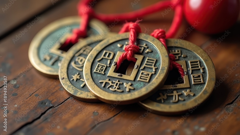 Fototapeta premium Ancient chinese coins connected with red string, bronze currency with square holes, feng shui prosperity symbol