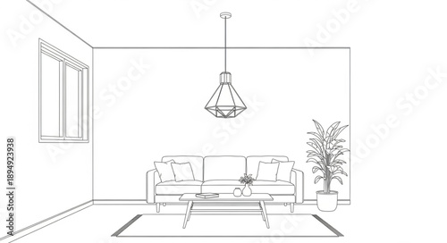 Interior design sketch of a modern living room with sofa and coffee table.