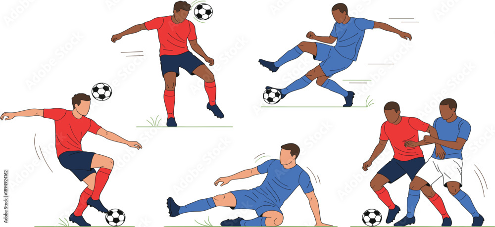 Fototapeta premium Soccer Player Action Pose Illustration Set Showing Football Dribbling, Shooting, Sliding Tackle, and Competitive Match Moments for Sports Design