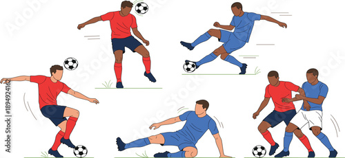 Soccer Player Action Pose Illustration Set Showing Football Dribbling, Shooting, Sliding Tackle, and Competitive Match Moments for Sports Design