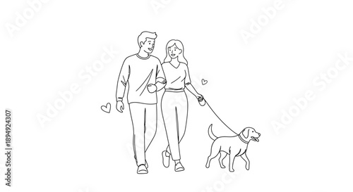 Man and woman walking dog together.