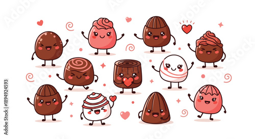 A group of cute cartoon desserts with smiling faces and arms, arranged on a plain white background with hearts and swirls, conveying a playful and festive mood.