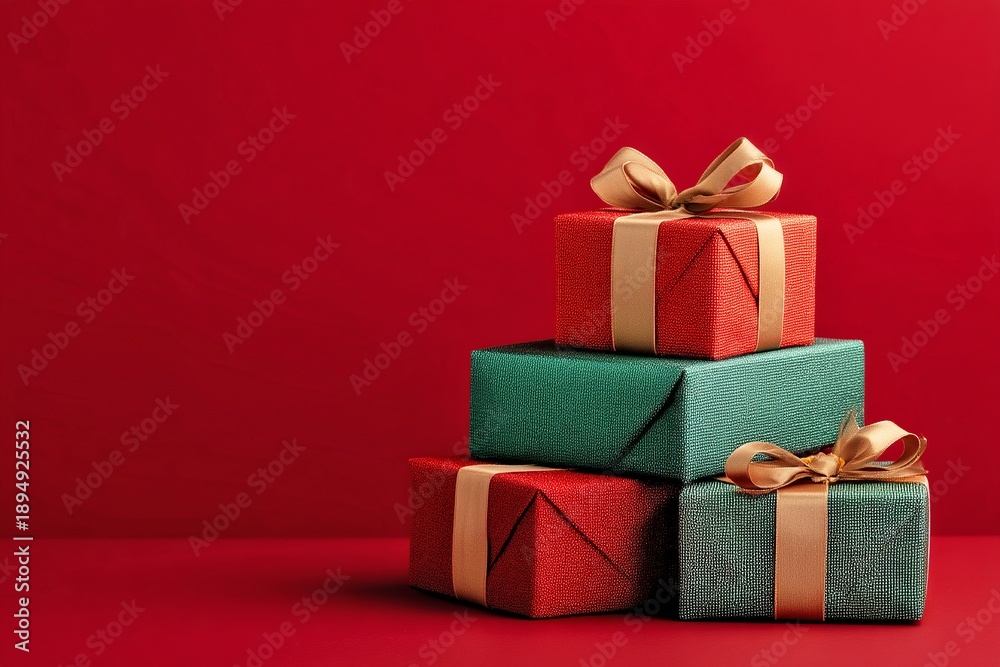 Obraz premium Colorful presents stacked on a red background create a festive atmosphere. The boxes are wrapped beautifully, ready for giving. Perfect for holiday themes or celebrations. AI
