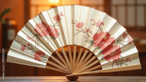 Delicate japanese fan sensu opened displaying floral pattern, elegant design detail, portable cooling device