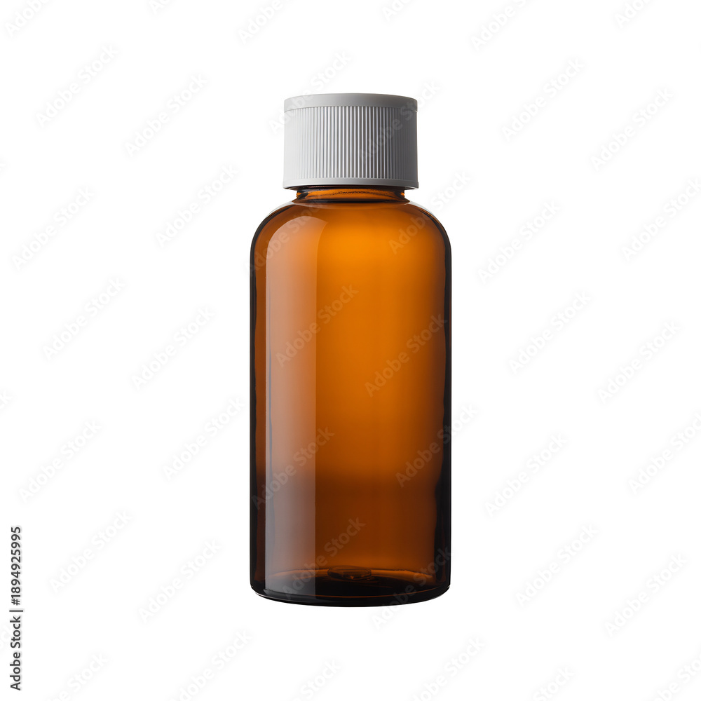 Fototapeta premium Empty amber brown glass bottle with white ribbed cap packaging product design container, isolated on transparent background