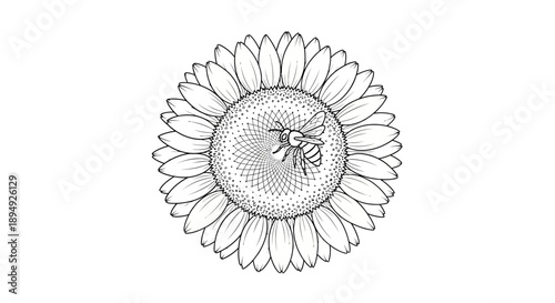 Bee on Sunflower Center Detailed Illustration.