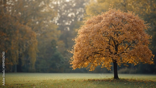 Quince tree with yellow autumn leaves, garden scene, deciduous plant, fall foliage