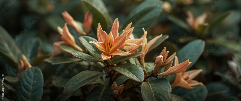 Obraz premium Front yard scene showcasing Ketapang variegata against a house background, emphasizing abstract, beautiful, and aromatic aspects, along with agriculture, alcoholic, azalea, and arboretum features