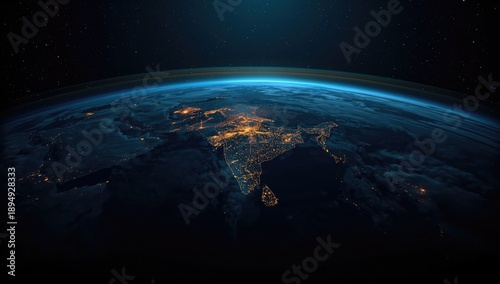 Wallpaper Mural Nighttime view of Earth's surface with illuminated cities, highlighting urban density and technological connectivity, World Telecommunication Day Torontodigital.ca