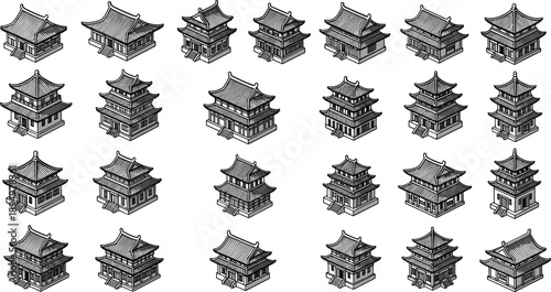 Isometric Vector Set of Traditional East Asian Pagodas and Temple Buildings in Hand Drawn Black and White Line Art Style