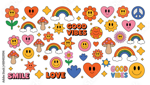 Colorful cartoon stickers with smiley faces and good vibes text love  in white background.