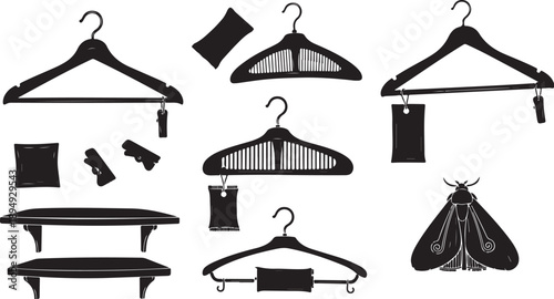 Clothing Hangers and Accessories in Black and White Illustration