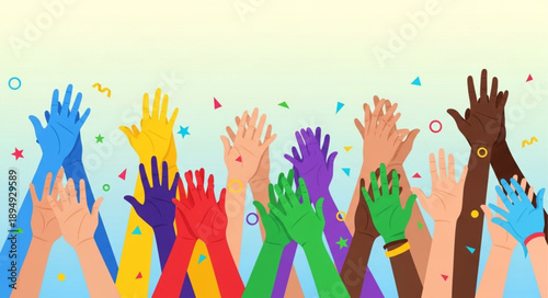 Many diverse hands raised in celebration and applause.