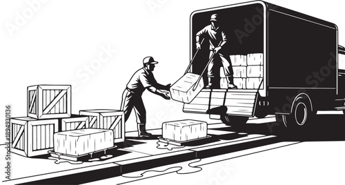 Workers unloading boxes from a delivery truck outside warehouse