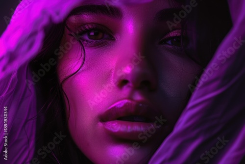 Wallpaper Mural Close up portrait of a fashion model with purple veil covering face, highlighted by neon lights, creating a futuristic and glamorous look Torontodigital.ca