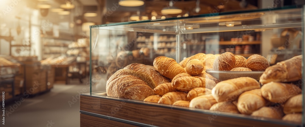 Fototapeta premium Display shelf in bakery filled with breads and buns