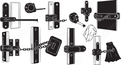 Various door locks and hardware in black and white