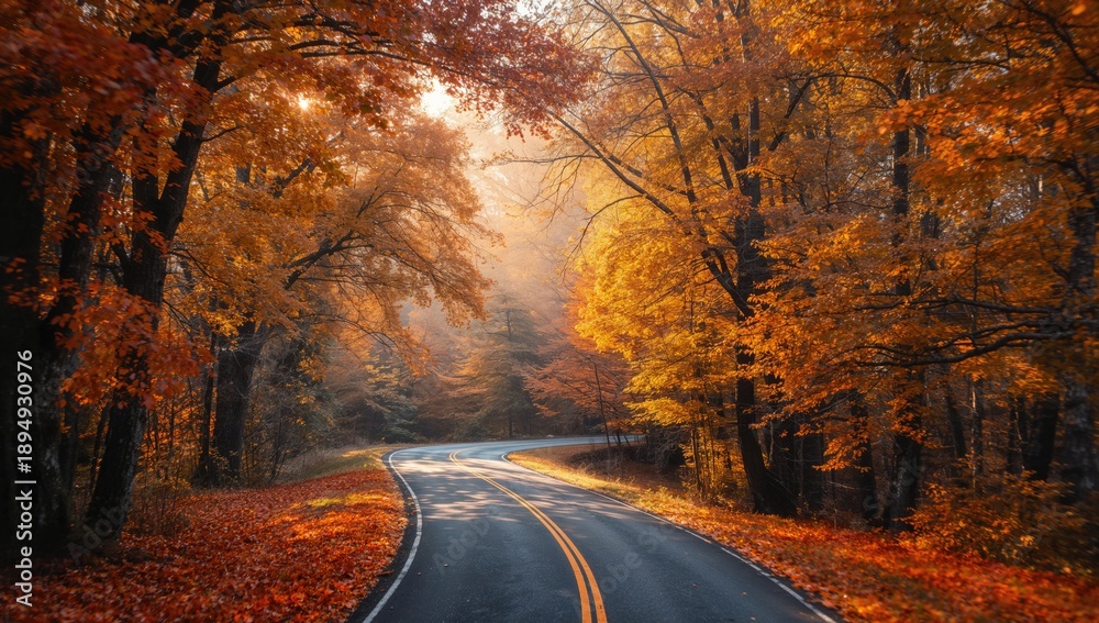Fototapeta premium Autumn scene of a forest pathway between oak woods encouraging morning strolls, Earth Day