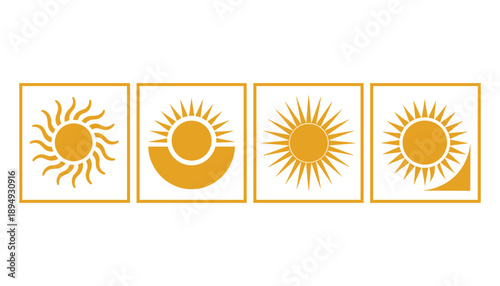 Set of sun flat cartoon icon. Half sun vector icons. Yellow sunrise or sunset. Elements for logo of sunrise, sunset.
