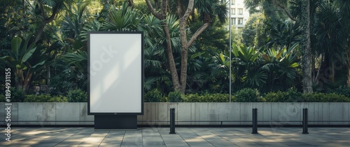Mockup of vertical blank advertising poster billboard banner featuring lush plants and trees; digital light box screen for out of home media