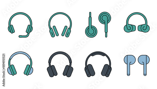 Realistic high quality headset wired or wireless. Digital headphones vector illustration. Commercial ads mockup, A set of headphones linear icon. Graphic web label of earphone. Sound symbol. Device