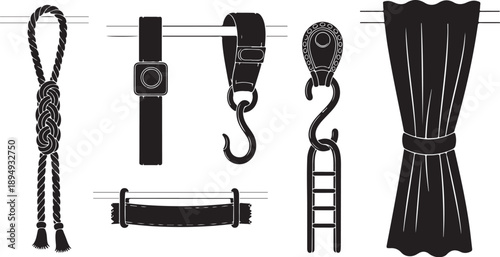 Black and white illustration of curtain hardware and accessories