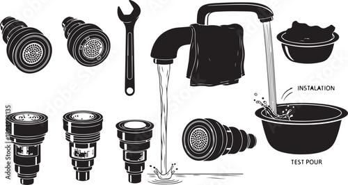 Black and white illustration of plumbing tools and fixtures