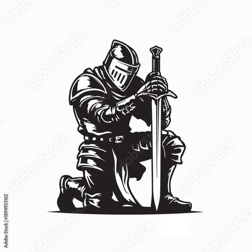 Knight Kneeling Medieval Armor Silhouette Vector Isolated on White Background