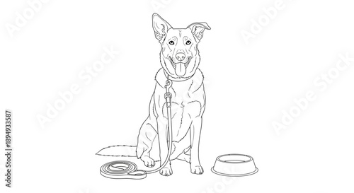 Dog Sitting with Leash and Bowl.