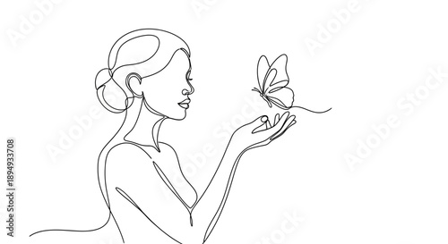 Woman Holding Butterfly in Hand Illustration.