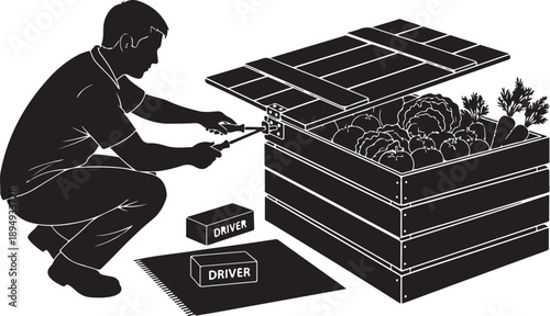 Man installing solar panels on a wooden crate system