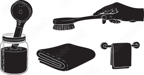 Black and white illustration of bathroom cleaning tools set