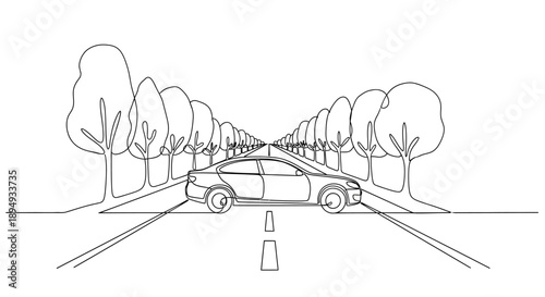 Simple Line Drawing of Car on Road.
