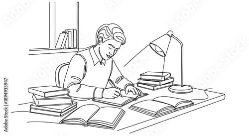 Man Reading Books at Desk with Lamp.