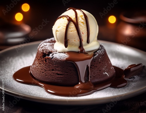 decadent molten chocolate cake with creamy ice cream indulgence treat