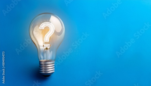 question mark inside light bulb on blue background with copy space