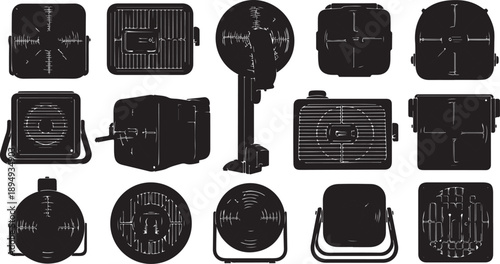 Black Silhouettes of Various Stage Spotlights and Floodlights