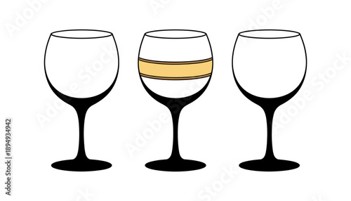 Wine glass silhouettes set, different shapes of wine glasses, vector icons, wine tasting elements, black and white style design