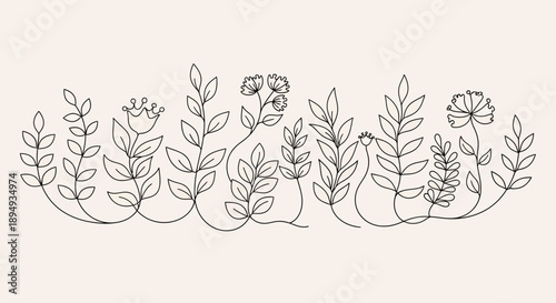 Simple Line Drawing of Plants and Flowers.