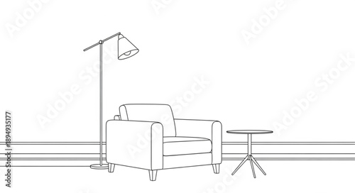 Minimalist line drawing of a comfortable armchair and floor lamp.
