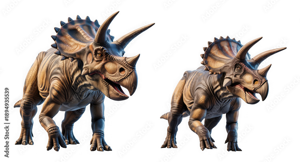 Fototapeta premium Two realistic triceratops dinosaurs standing side by side on white background 3d rendering detailed texture and spikes