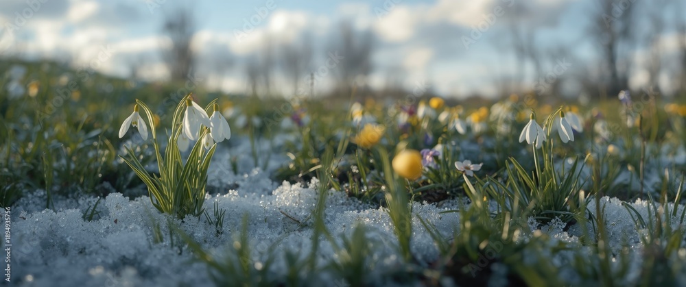 Fototapeta premium Galanthus nivalis, the earliest blooms of spring flowers in snowy woodland